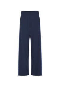 Granatowe spodnie o szerokich nogawkach wykonane z miękkiego, elastycznego materiału, z bocznymi zamkami. Posiadają elastyczną talię dla komfortu oraz dwie boczne kieszenie.