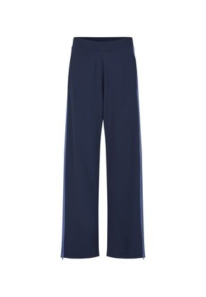 Granatowe spodnie o szerokich nogawkach wykonane z miękkiego, elastycznego materiału, z bocznymi zamkami. Posiadają elastyczną talię dla komfortu oraz dwie boczne kieszenie.