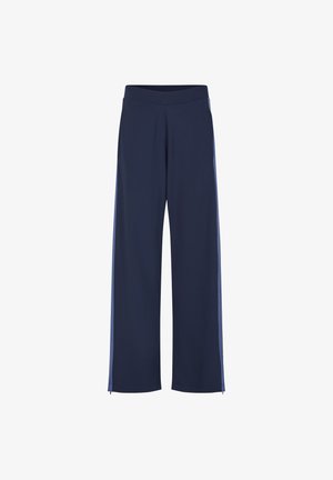 Granatowe spodnie o szerokich nogawkach wykonane z miękkiego, elastycznego materiału, z bocznymi zamkami. Posiadają elastyczną talię dla komfortu oraz dwie boczne kieszenie.