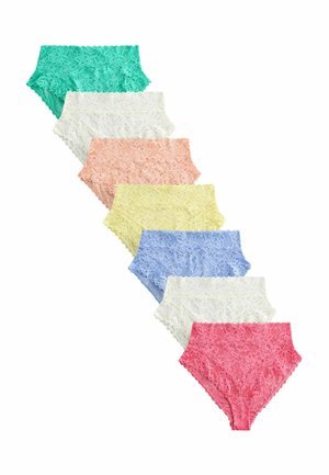 Seven pairs of high-waisted lace underwear arranged diagonally, in teal, white, peach, yellow, blue, white, and pink colors.