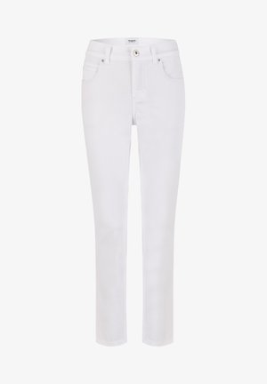 Weiße Denim-Jeans mit schmaler Passform, Fünf-Taschen-Design, vorderem Knopfverschluss und leichten Stickdetails. Glatte Textur, vielseitiger Stil.
