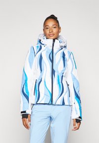 Gepolsterte Jacke mit weißem Hintergrund und blauen wellenförmigen Mustern, ausgestattet mit einer Kapuze, Reißverschluss und elastischen Bündchen.