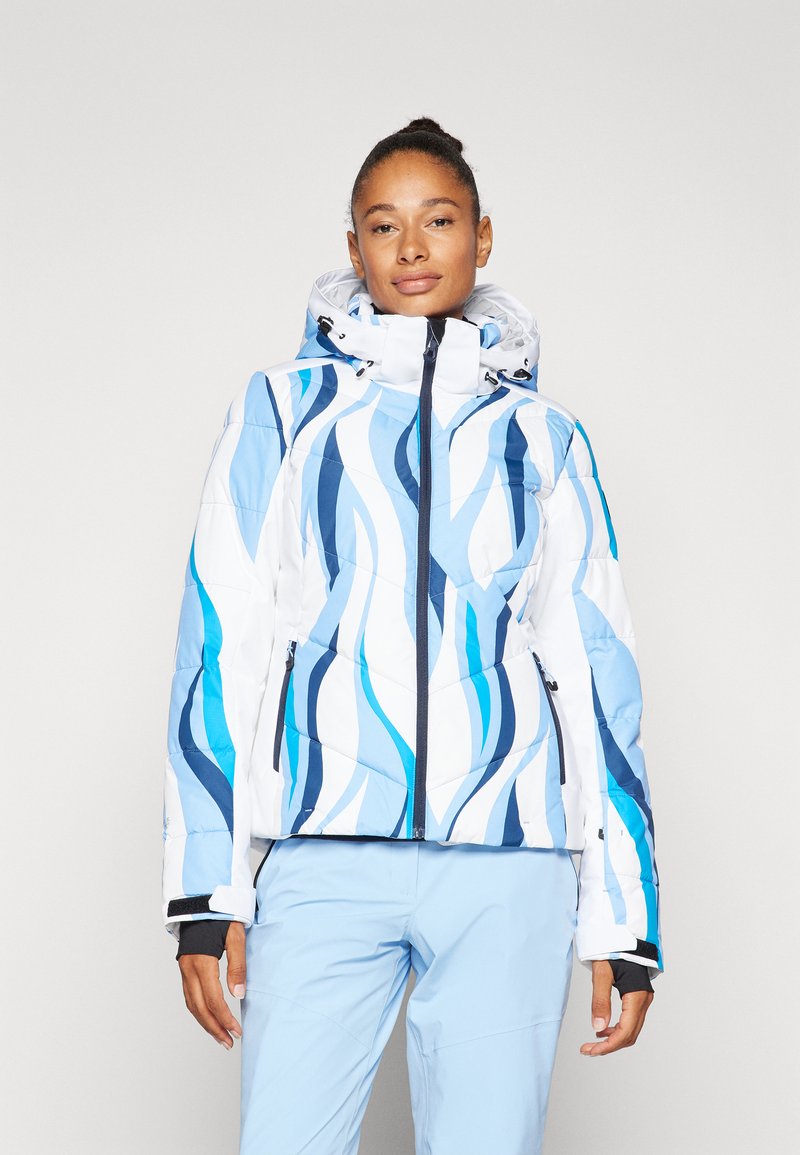 Gepolsterte Jacke mit weißem Hintergrund und blauen wellenförmigen Mustern, ausgestattet mit einer Kapuze, Reißverschluss und elastischen Bündchen.