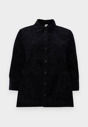 Black button-up shirt with a subtle leopard print, featuring a collar, long sleeves, and a slightly flared silhouette with side pockets.