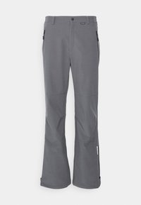 Szare spodnie narciarskie wykonane z wytrzymałego materiału, o luźnym kroju, z zamykanymi kieszeniami bocznymi i wentylacją w okolicy kostek.