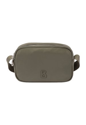 Sac bandoulière rectangulaire vert olive avec fermeture éclair avant, sangle réglable et logo "B" embossé au centre avant.