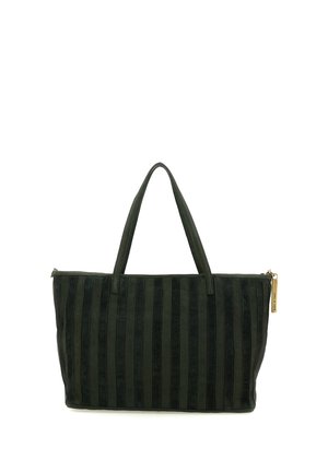 Borsa nera con righe verticali, due tracolle e un cursore della cerniera dorato visibile sul lato destro.