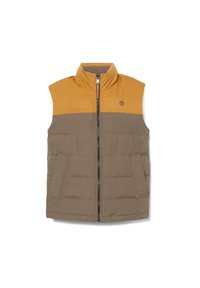 Puffer vest with zipped front, two front pockets, brown lower section, and yellow upper section featuring a ribbed texture and logo.