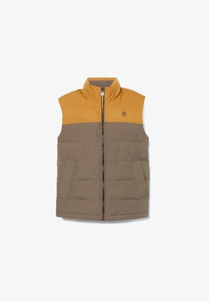 Gilet imbottito con zip frontale, due tasche frontali, parte inferiore marrone e parte superiore gialla con texture a costine e logo.
