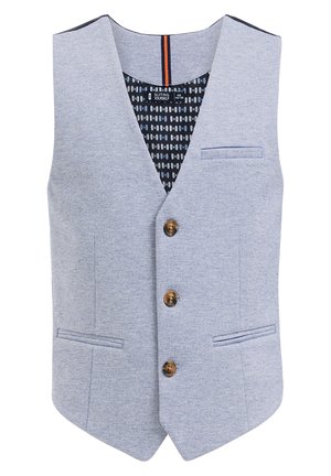 Gilet pour homme bleu clair sur mesure avec trois boutons marron, trois poches passepoilées et doublure intérieure bleue foncée à motifs.