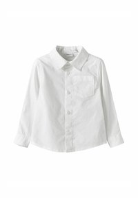 Witte lange mouw shirt van katoen met een puntkraag, knopen aan de voorkant en een borstzak. Gladde textuur zonder patronen.