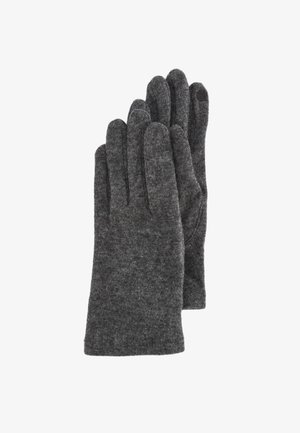 Gants en laine gris avec design à cinq doigts, finition texturée et ajustement confortable, conçus pour la chaleur et le confort dans des conditions froides.