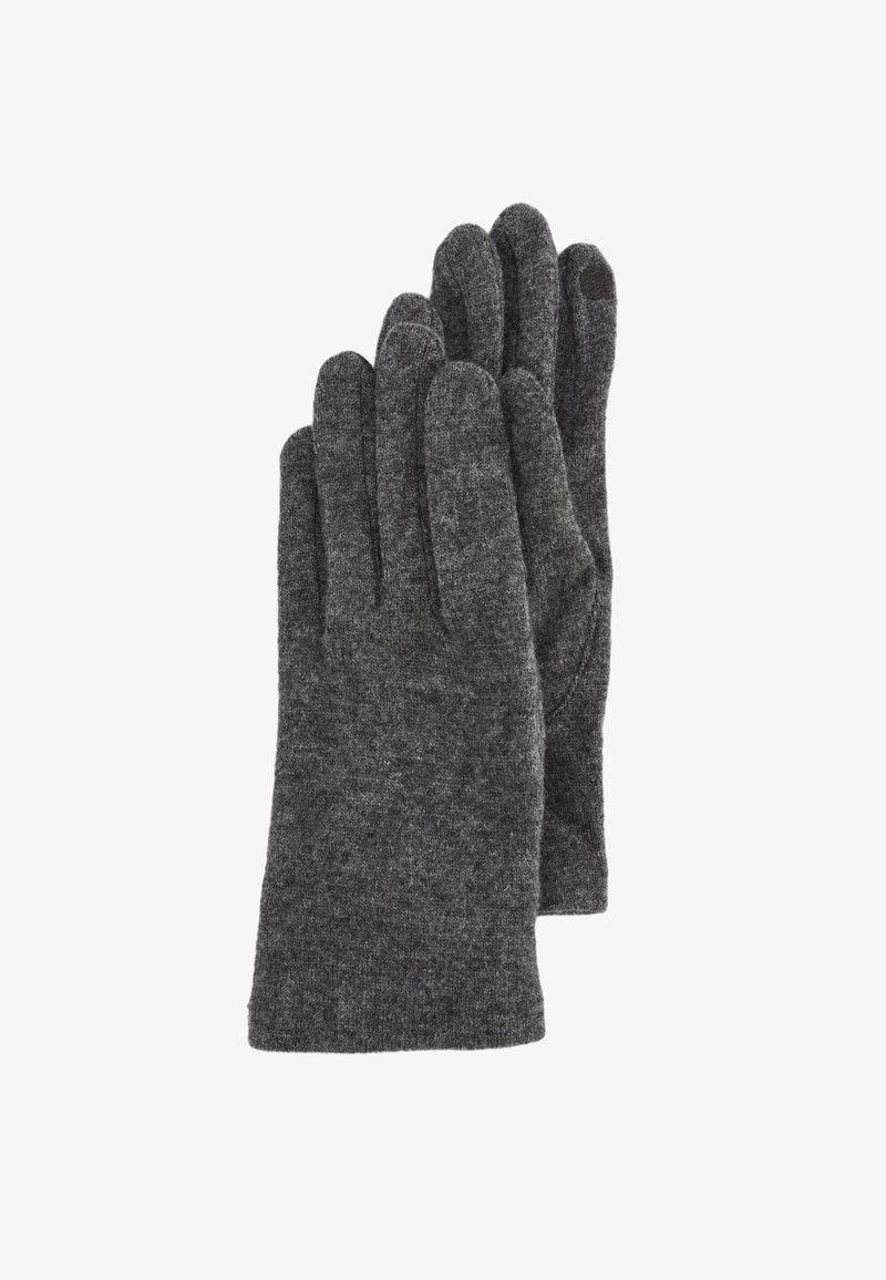 Gants en laine gris avec design à cinq doigts, finition texturée et ajustement confortable, conçus pour la chaleur et le confort dans des conditions froides.
