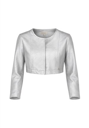 Giacca corta argento con maniche lunghe, scollo tondo, chiusura frontale nascosta e sottili dettagli a cucitura verticale.