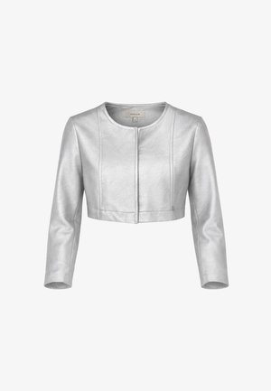 Giacca corta argento con maniche lunghe, scollo tondo, chiusura frontale nascosta e sottili dettagli a cucitura verticale.