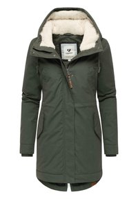 Olive green parka jacket featuring a faux fur-lined hood, zip closure, two front pockets, and ribbed cuffs. Durable outer material.