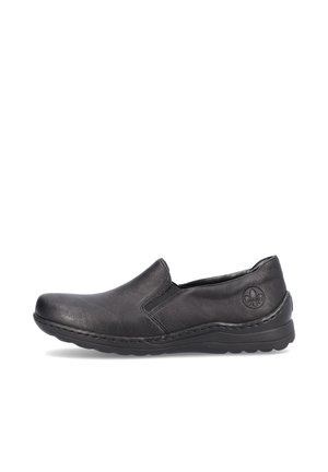 Black slip-on shoe made of smooth leather; features stitched accents, a rounded toe, and a textured rubber sole with a logo detail on the side.