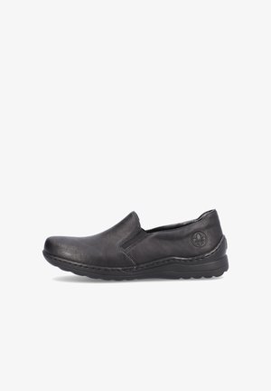 Black slip-on shoe made of smooth leather; features stitched accents, a rounded toe, and a textured rubber sole with a logo detail on the side.