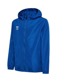 Blauwe windbreaker met capuchon, rits aan de voorkant, elastische manchetten, zijzakken en wit hummel-logo op de linkerborst.