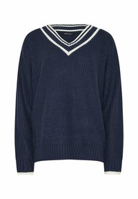 Granatowy sweter z dzianiny z dekoltem w serek i białymi paskami. Posiada długie rękawy oraz prążkowane wykończenia dla uzyskania teksturowanego wyglądu.