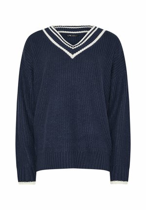 Marineblauer Strickpullover mit V-Ausschnitt und weißen Streifenakzenten. Verfügt über lange Ärmel und gerippte Kanten für ein strukturiertes Aussehen.