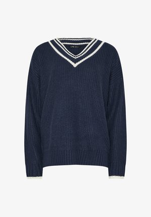 Navy blue knitted sweater with a V-neck and white striped accents. Features long sleeves and ribbed edges for a textured appearance.