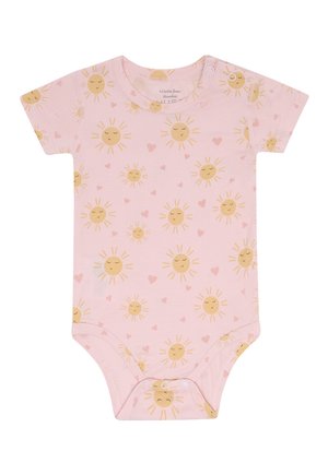 Body rosa a maniche corte per neonati con sole giallo sorridente e piccoli cuori rosa, chiusure a scatto sulla spalla e sul fondo.