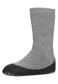 Calzino grigio con un design a costine, dotato di una sezione della punta feltro grigio scuro e punti in gomma sulla suola per maggiore aderenza.