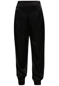 Svarta satin-joggers med en slät textur, som har dragkedjefickor, elastiska ärmslut och en avslappnad passform. Betonar sömmar lägger till detaljer.