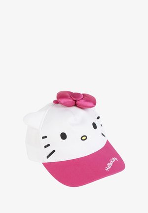 Witte pet met een roze rand, voorzien van een Hello Kitty ontwerp, zwarte snorharen en een roze satijnen bloemenaccent bovenop.