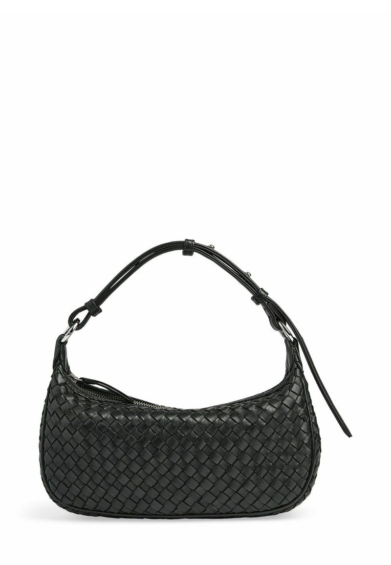 Geantă din piele neagră țesută, cu siluetă rotunjită, o singură curea de umăr, închidere cu fermoar și detalii pe suprafața texturată.