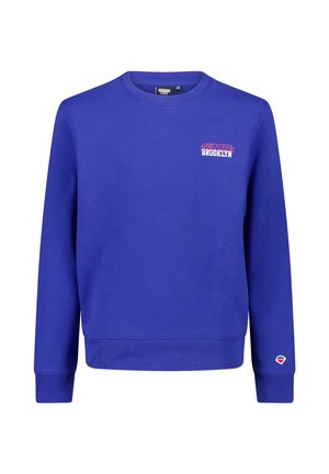 Felpa azzurra a girocollo con maniche lunghe, piccolo testo rosso e bianco "Brooklyn" sul petto sinistro e un piccolo logo sul polsino della manica destra.