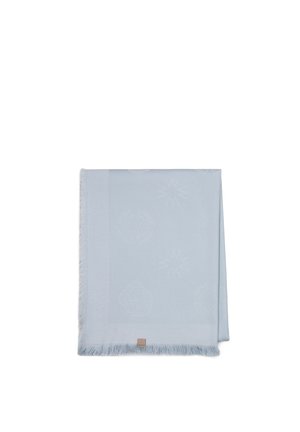 Light blue folded scarf with subtle embossed patterns and fringed edges, featuring a small rectangular beige label.