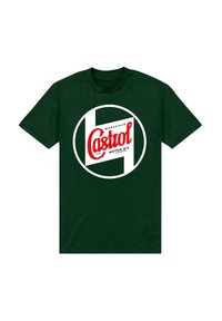 Dunkelgrünes Baumwoll-T-Shirt mit rundem Castrol Motors-Logo in Weiß und Rot, zentral auf der Vorderseite platziert.