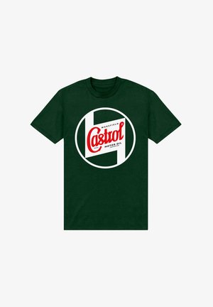 Tmavě zelené bavlněné tričko s kulatým logem Castrol Motors v bílé a červené barvě, umístěným centrálně na přední straně.