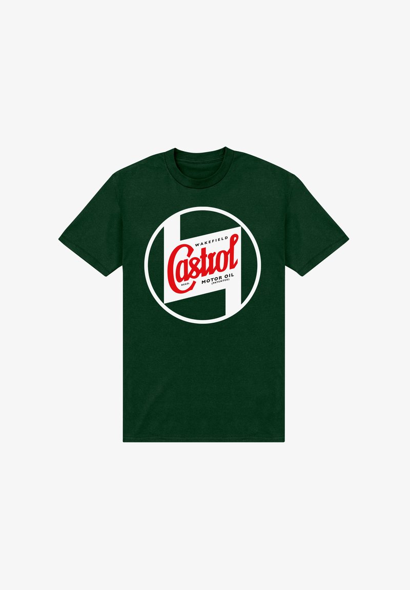 Dunkelgrünes Baumwoll-T-Shirt mit rundem Castrol Motors-Logo in Weiß und Rot, zentral auf der Vorderseite platziert.