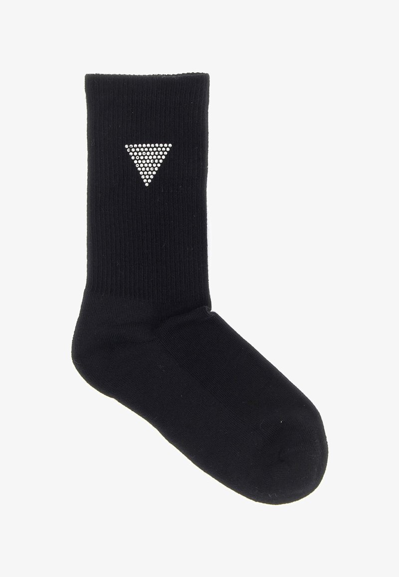 Calzino nero a coste con un motivo triangolare di piccoli chiodi d'argento vicino alla parte superiore. Texture liscia, lunghezza classica.