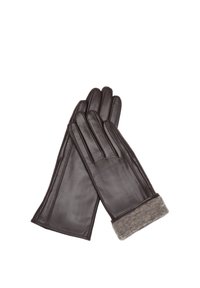 Brązowe skórzane rękawice z dzianym, szarym mankietem, o gładkim wykończeniu i przeszyciami na palcach dodającymi strukturę.