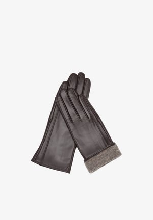Gants en cuir marron avec un poignet en maille grise, présentant une finition lisse et des détails cousus sur les doigts pour plus de structure.