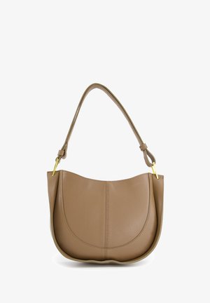 Tan leather shoulder bag with a curved shape, single strap, and gold-tone hardware. Textured surface with reinforced stitching details.
