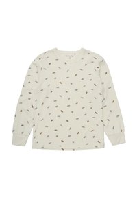 Langarm, crèmekleurig shirt van zachte katoen, met verspreide dieren- en blaadjespatronen in bruin en grijs. Ronde halslijn en manchet.