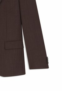 Dark brown blazer with a textured finish, featuring a single pocket on the left side and three black buttons on the cuff.