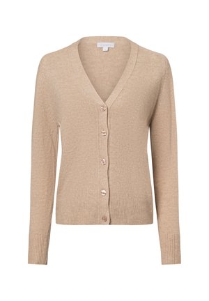 Beige cardigan van zacht tricot, met een v-hals, lange mouwen en zes knopen aan de voorkant. Geribbelde zoom en manchetten.