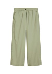 Lichtgroene wijde broek met elastische tailleband, knoopsluiting en zijzakken, plat weergegeven op een witte achtergrond.