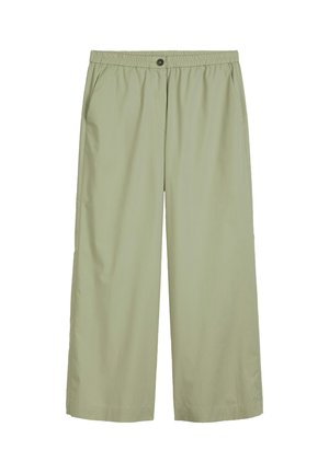 Light green wide-leg pants with elastic waistband, button closure, and side pockets, shown flat on a white background.