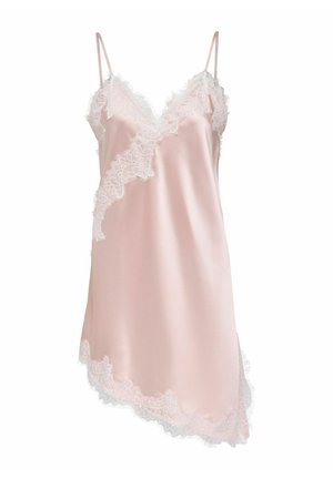 Bezrękawna bladoróżowa satynowa sukienka na cienkich, regulowanych ramiączkach, z dekoltem w serek, ozdobiona białą koronką przy dekolcie, na dole i po bokach.