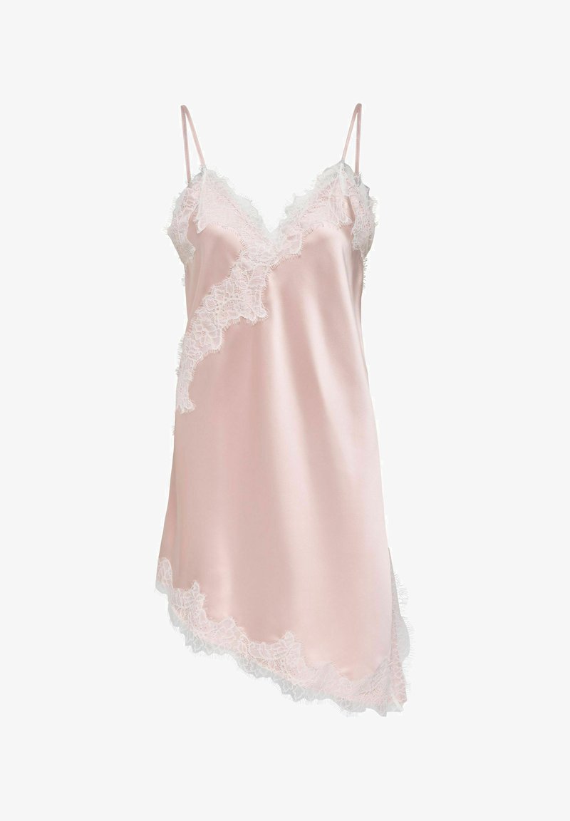 Robe nuisette en satin rose pâle sans manches avec col en V, bordure en dentelle blanche le long de l'encolure, de l'ourlet et des côtés, et fines bretelles réglables.