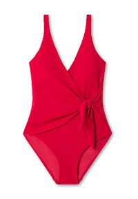 Bañador rojo de una sola pieza con un profundo escote en V, tirantes finos ajustables y un detalle de nudo en el frente. Tejido suave y elástico, con un diseño ajustado.