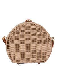 Round woven straw bag in light beige with a textured surface, featuring a brown leather strap and a small gold clasp on top.