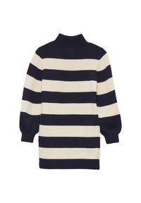 Gestrickter Pullover im gestreiften Muster in Marineblau und Creme, mit einem hohen Kragen und Ballonärmeln, sowie Seitenschlitzen am Saum.
